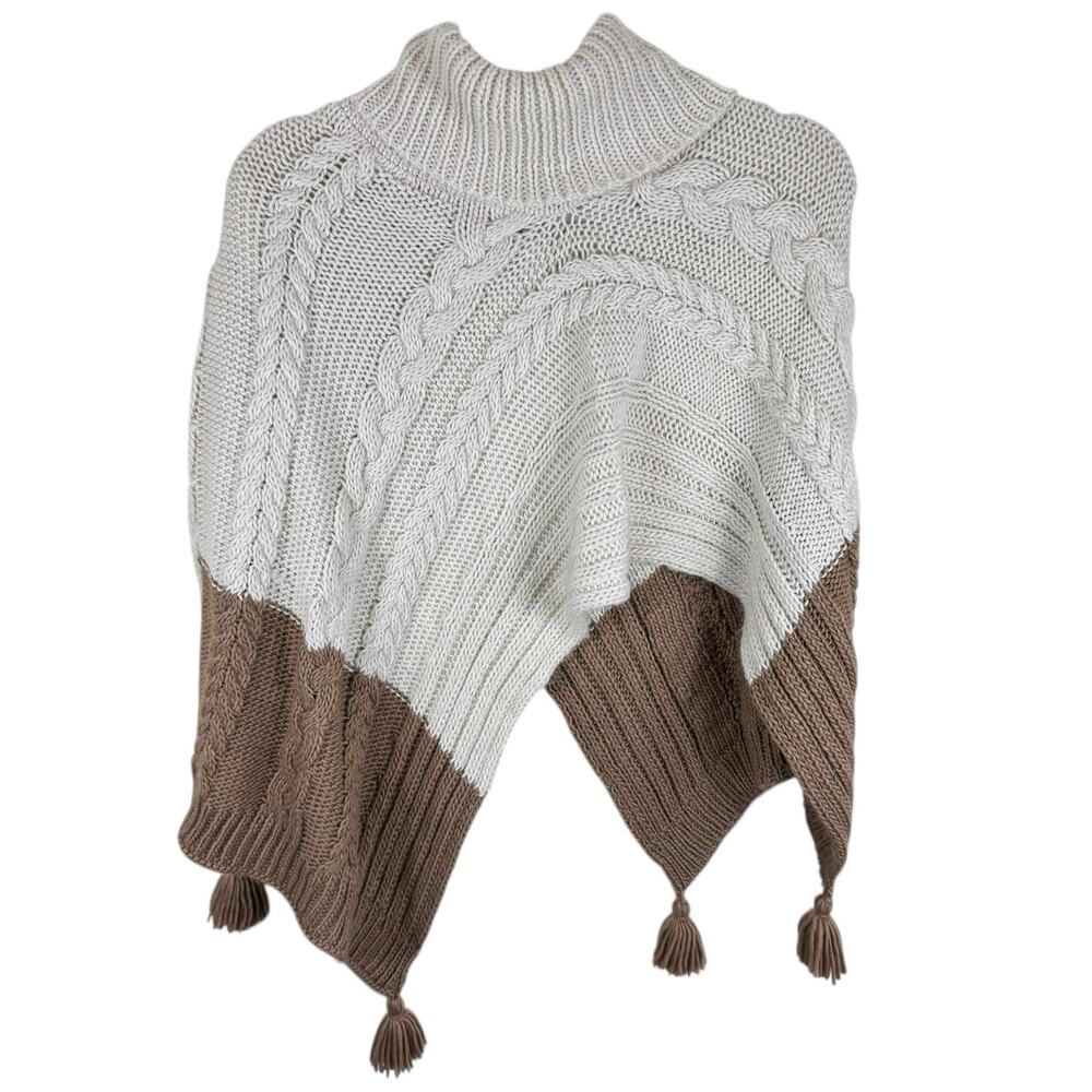 BCBGeneration Cream Tan Cable Knit Tasseled Mock Neck Poncho Sweater One Size